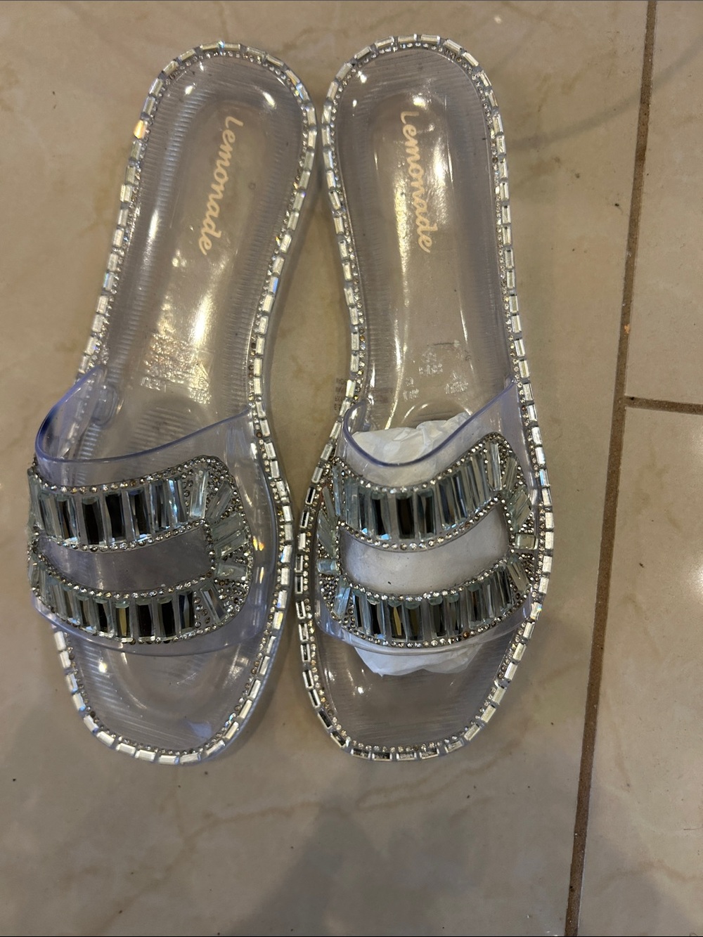 Lemonade Clear Jeweled Slide Mules in Silver